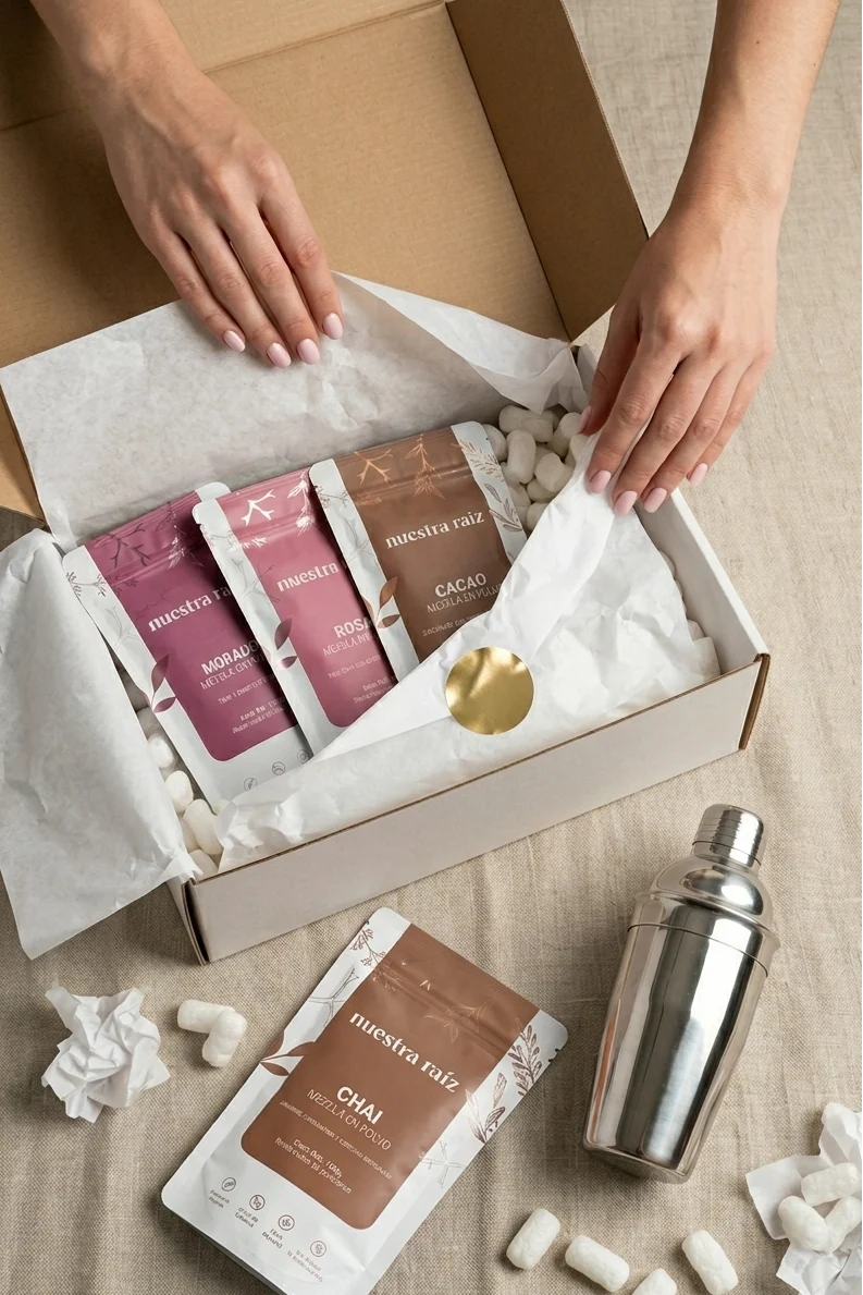 Caja Nuestra Raíz abierta con lattes en polvo